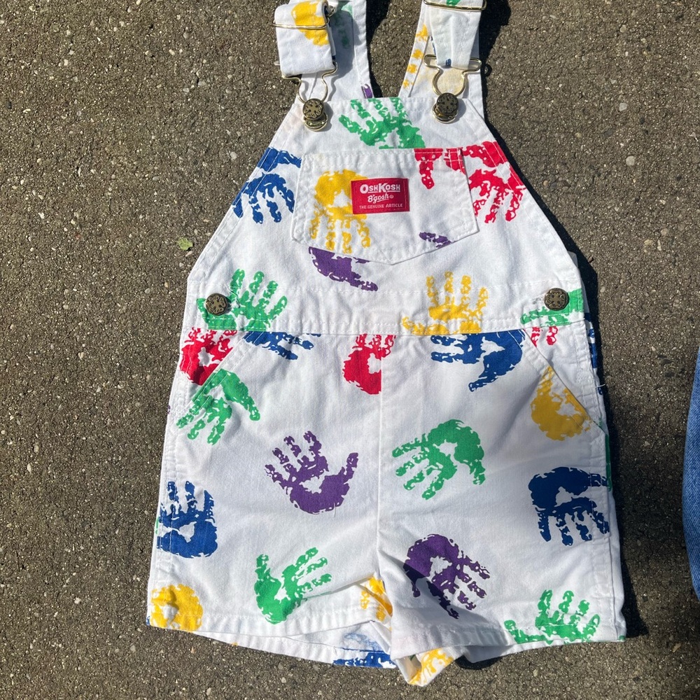 Vintage OshKosh B'gosh White and Red Overalls Fun Handprint Design